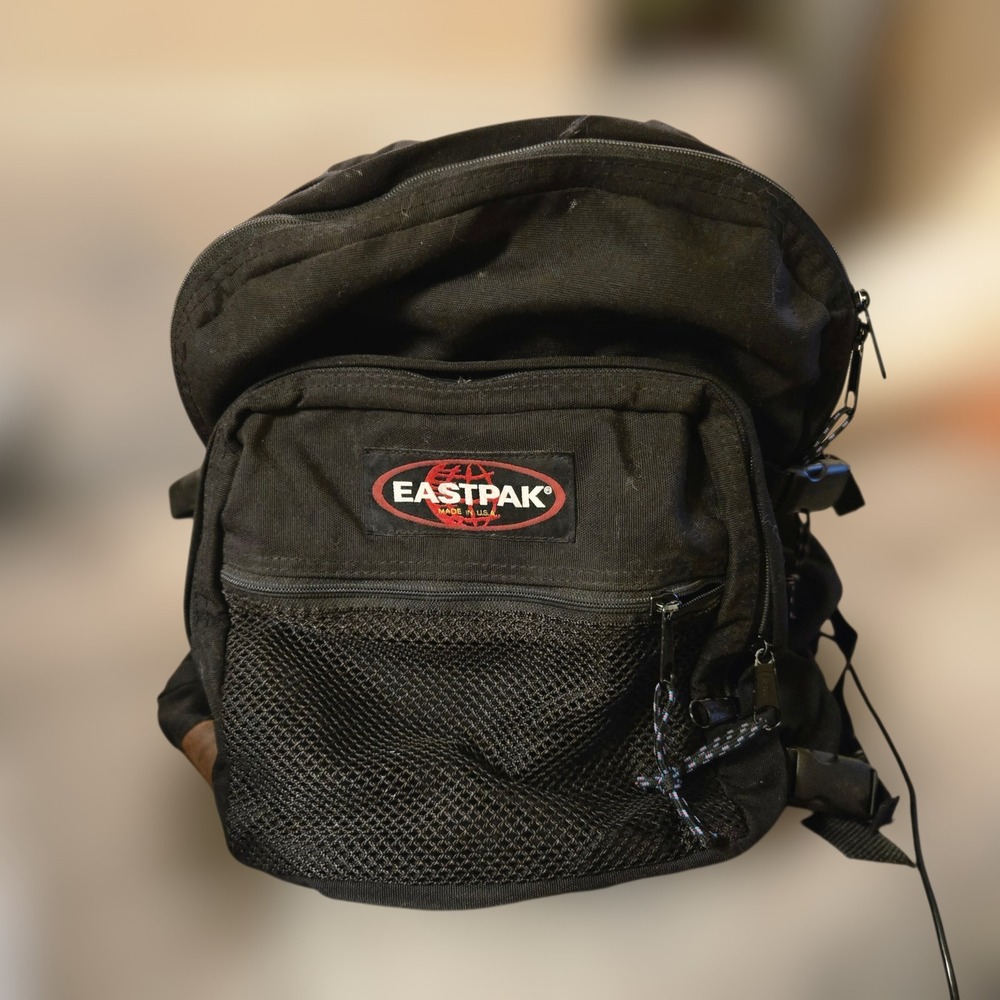 VTG Eastpak Backpack Black School Pack Leather Bottom‎ Mesh Pocket Made In USA
